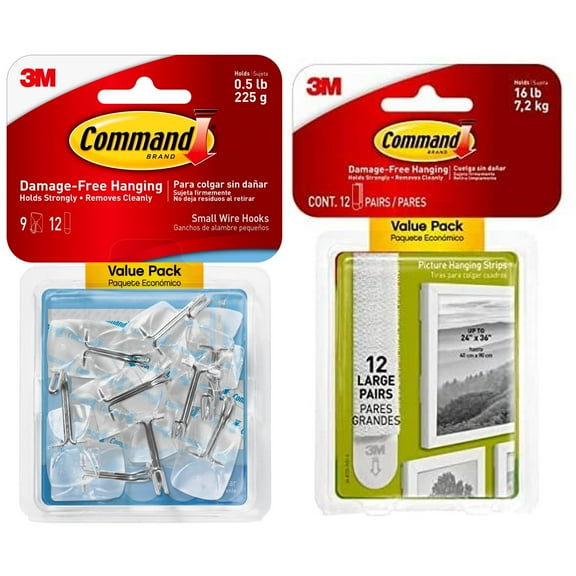 Command Small Wire Toggle Hooks, Clear, 9 Hooks and Command Large Picture Hanging Strips, White, 12 Pairs
