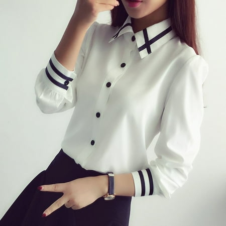 - Korean Style Ladies Casual Shirt Button Down Long Sleeve Blouse T-Shirt Tops Tee