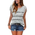 thumbnail image 2 of QLEICOM Women Stripe Tassels Short Sleeve Crewneck T-shirt Blouses Shirts Tops Gray L, US Size 8, 2 of 7