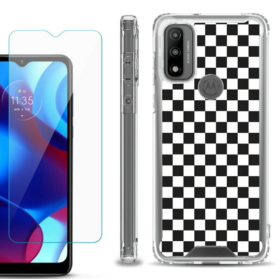 Shockproof Bumper Phone Case for Motorola Moto G Pure, with Tempered Glass Screen Protector, by OneToughShield ® - Checker B/W
