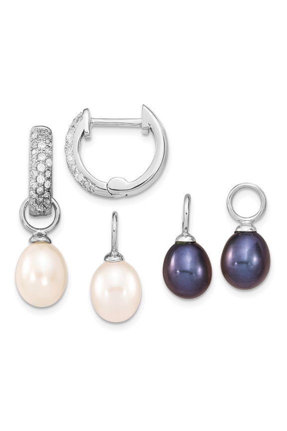 925 Sterling Silver Rhodium-Plate 7-8mm White/Black Freshwater Cultured Pearl Cubic Zirconia ( CZ ) Changeable Earring