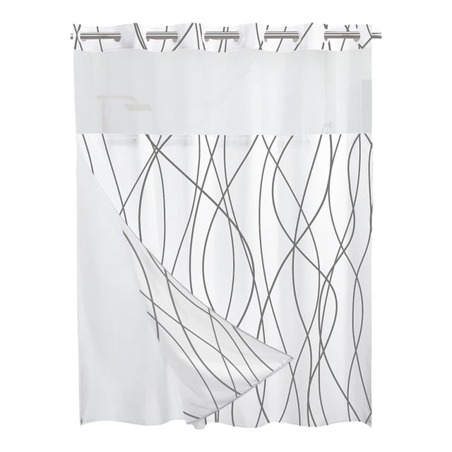 Cortina de ducha a rayas con forro de tela a presión - Juego de forro de hotel con ventana superior de malla transparente, lavable a máquina