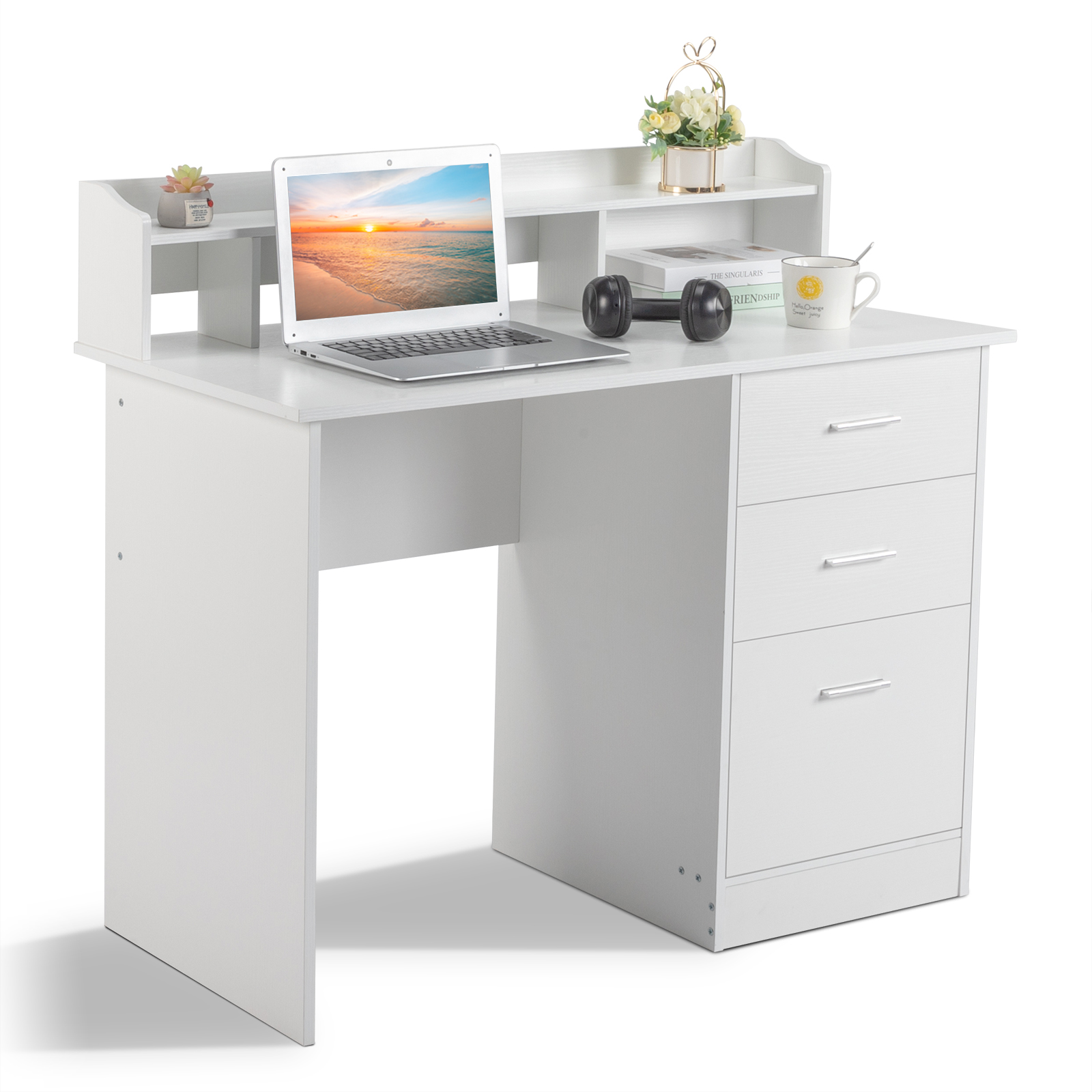 Ktaxon Wood Computer Desk Office Laptop PC Work Table, Writing Desk with 3 Drawers File Cabinet for Letter Size,White - image 5 of 10