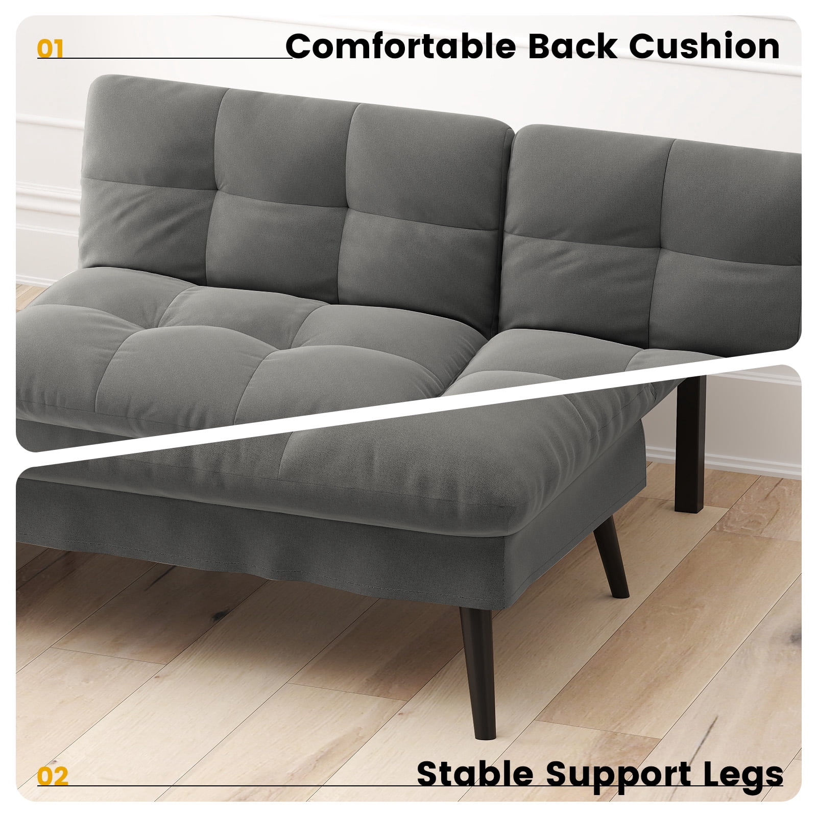 CloudRest Pro 72" Modern Convertible Futon Sofa Bed, Upholstered Futon Couch with 5 Adjustable Backrest Angles,Suitable for Apartment,Living Room,Gray