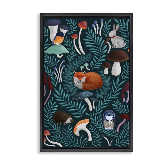 Woodland Animals & Botanical Sprigs Black Framed Floater Canvas Wall Art, design by Metka Hiti