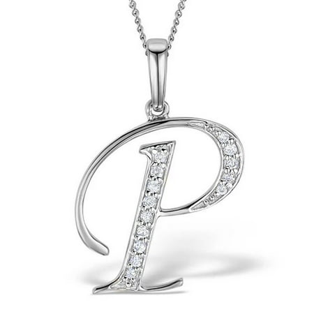 Trillion Designs Sterling Silver 0.05Ct Round Cut Natural Diamond Initial P Symbol Pendant Necklace