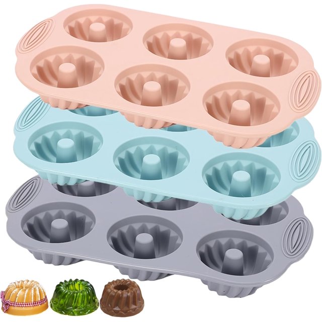 Moldes para gelatina (3 piezas, moldes de silicona acanalados para pasteles, 6 cavidades, estilo Heritage Bundtlette, antiadherentes, para hornear, elegantes) (rosa, azul y gris, acanalado)