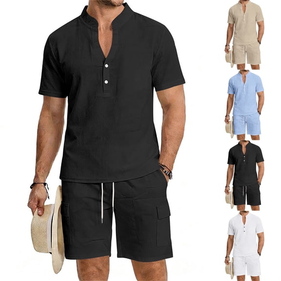 Men's Cotton Linen 2 Piece Set Henley Shirt with Short Sleeve and Cargo Shorts Summer Beach Vacation Linen Outfit White
