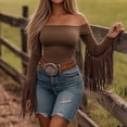 thumbnail image 2 of Womens Tops Western Cowboy Style Lightweight Tassel Edge T Shirt Short Retro Shirt One Shoulder T Shirt, 2 of 6
