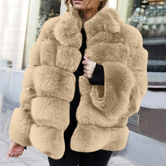 TIMIFIS Women Faux Furs Winter Coat Jacket Luxury Faux Furs Coat Slim Long Sleeve Collar Coat Faux Furs Coat Overcoat-Beige - Fall/Winter