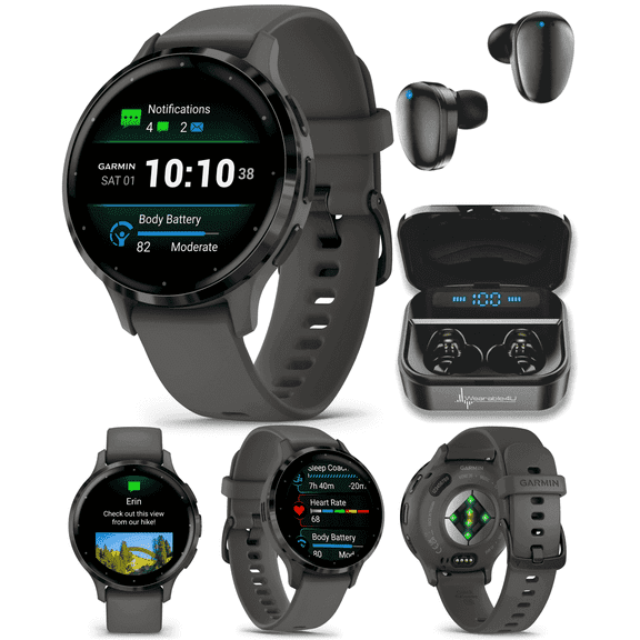 Garmin Venu 3S GPS Smartwatch AMOLED Display 41mm Watch, Advanced Health and Fitness Features, Up to 10 Days of Battery, Wheelchair Mode, Sleep Coach, Pebble Gray with Wearable4U Black EarBuds Bundle
