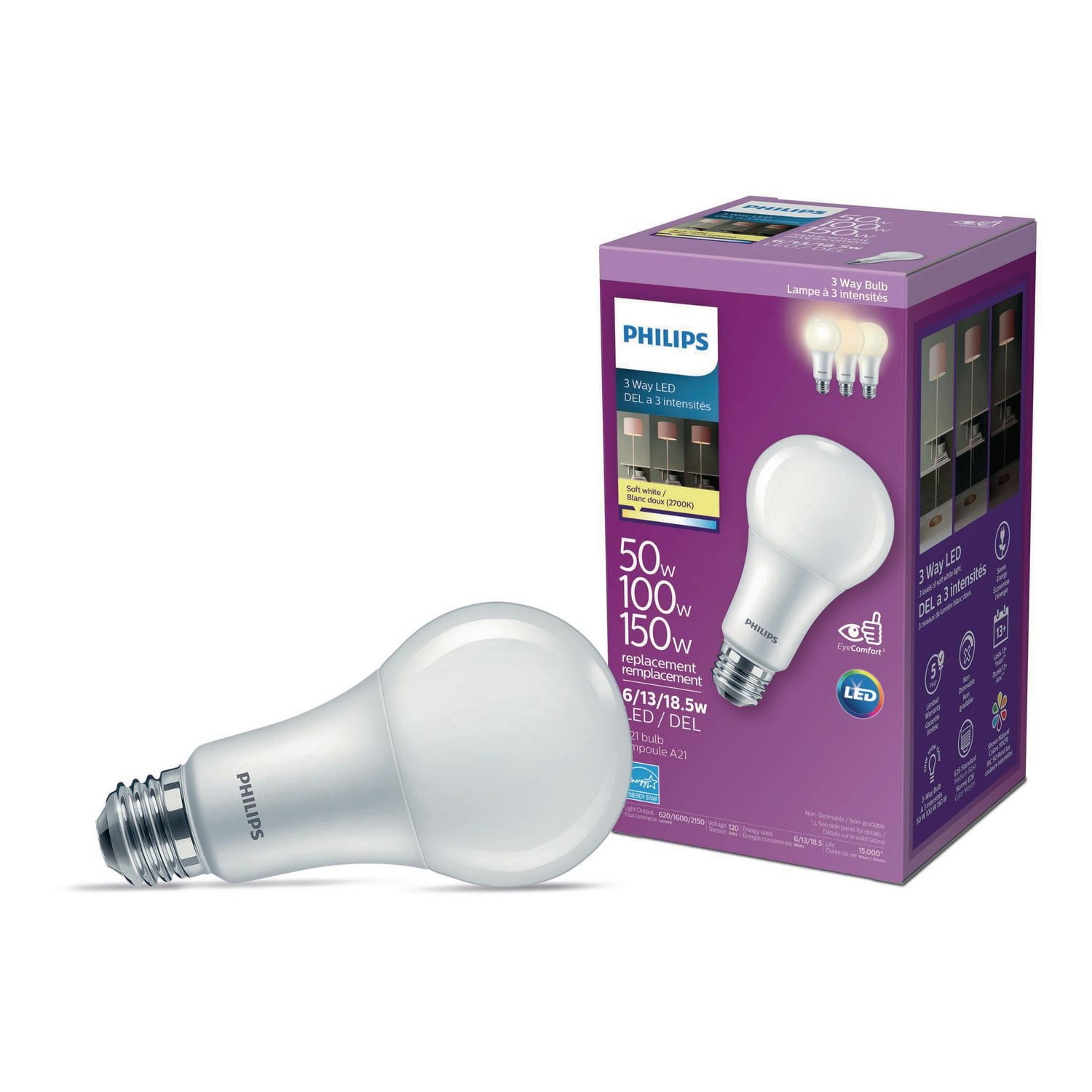 PHILIPS, 6/13/18.5W A21 ampoule DEL à 3 intensités (Blanc doux)