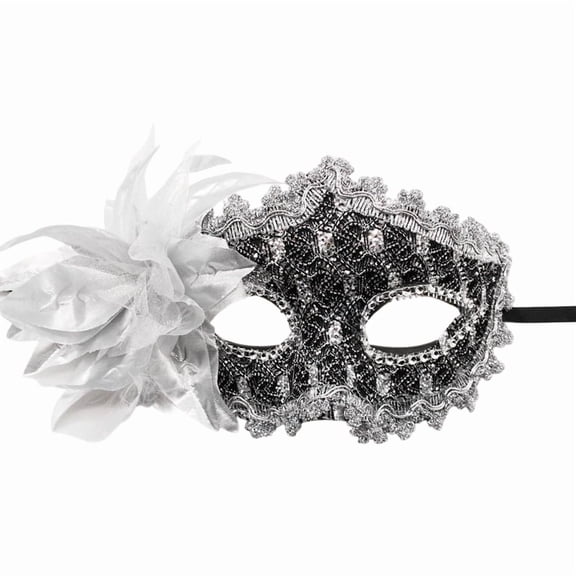 Silver Lace Masquerade Mask for Women 6 X 4.5 Inch Venetian Masquerade Masks with Side Flower Accent Eye Cover for Halloween Party Mardi Gras Accessory 1 Pack