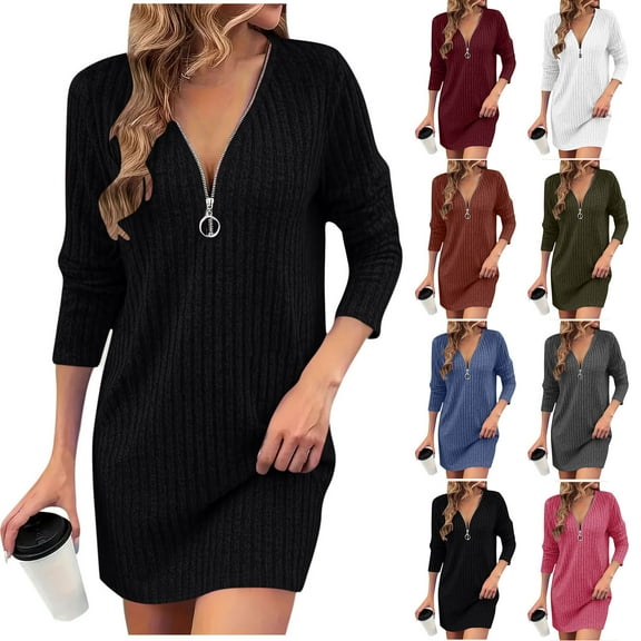 Meichang Quarter Zip Ribbed Knit Pullover Dress for Women V Neck Long Sleeve Short Sweater Dresses Fall Loose Fit Cocktail Party Mini Dresses