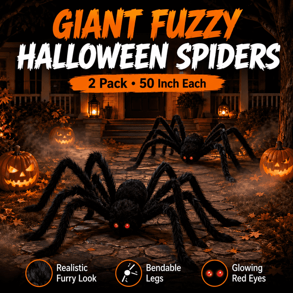 Giant Halloween Spider Decoration Set: The set includes two 50-inch black spiders