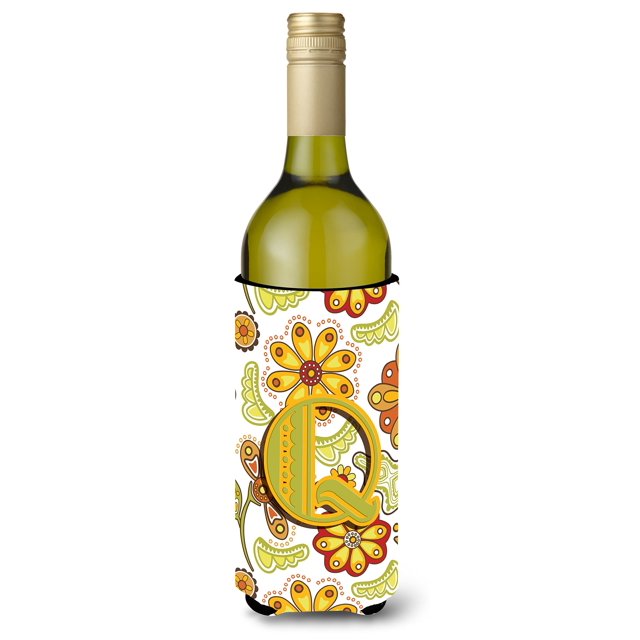 Letra Q Floral Mostaza Y Botella De Vino Verde Bebida Aislador Hugger Cj2003-Qliterk