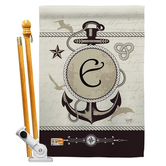 Breeze Decor BD-NA-HS-130187-IP-BO-D-US14-BD 28 x 40 in. Nautical E Initial Coastal Impressions Decorative Vertical Double Sided House Flag Set & Pole Bracket Hardware