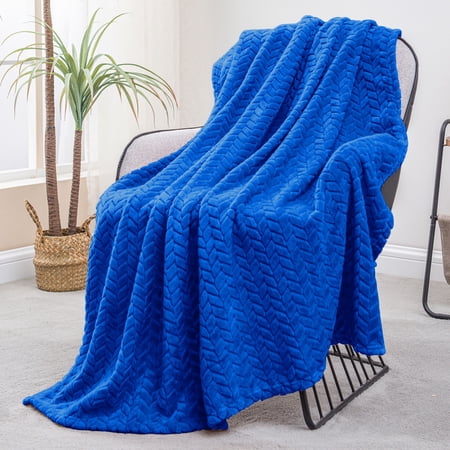 Exclusivo Mezcla Large Flannel Fleece Throw Blanket Jacquard Weave Leaves Pattern (50 x 70 Cobalt Blue)