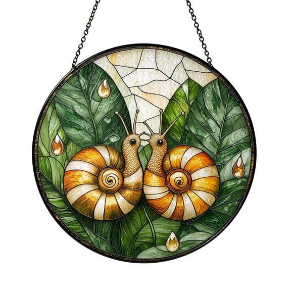 Snail Couple Rain Scene Stained Glass Suncatcher, Window Decor for Nature Inspired Homes