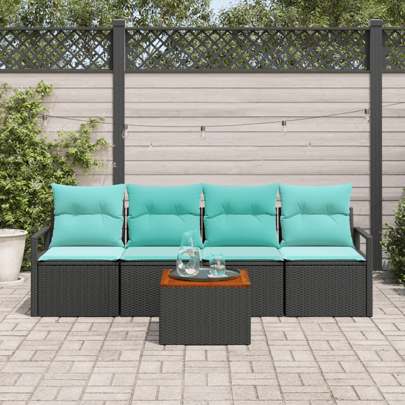 vidaXL 5 Piece Garden Sofa Set with Cushions Black Poly Rattan Acacia