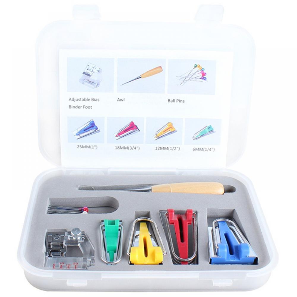 Bias Tape Makers Kit 6MM 12MM 18MM 25MM 4 Sizes Tools Kit with Wooden Awl,Bead Needles,Adjustable Bias Binding Foot,Cloth Clip,Fabric Bias Tape Makers for Home DIY Quilting//Binding//Sewing
