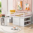 thumbnail image 2 of Full Size Low Loft Bed with Retractable Writing Desk and 3 Drawers, Wooden Loft Bed Frame with Storage Stairs and Shelves, for Kids Teens Boys Girls, Sturdy Slats Support, White, 2 of 9