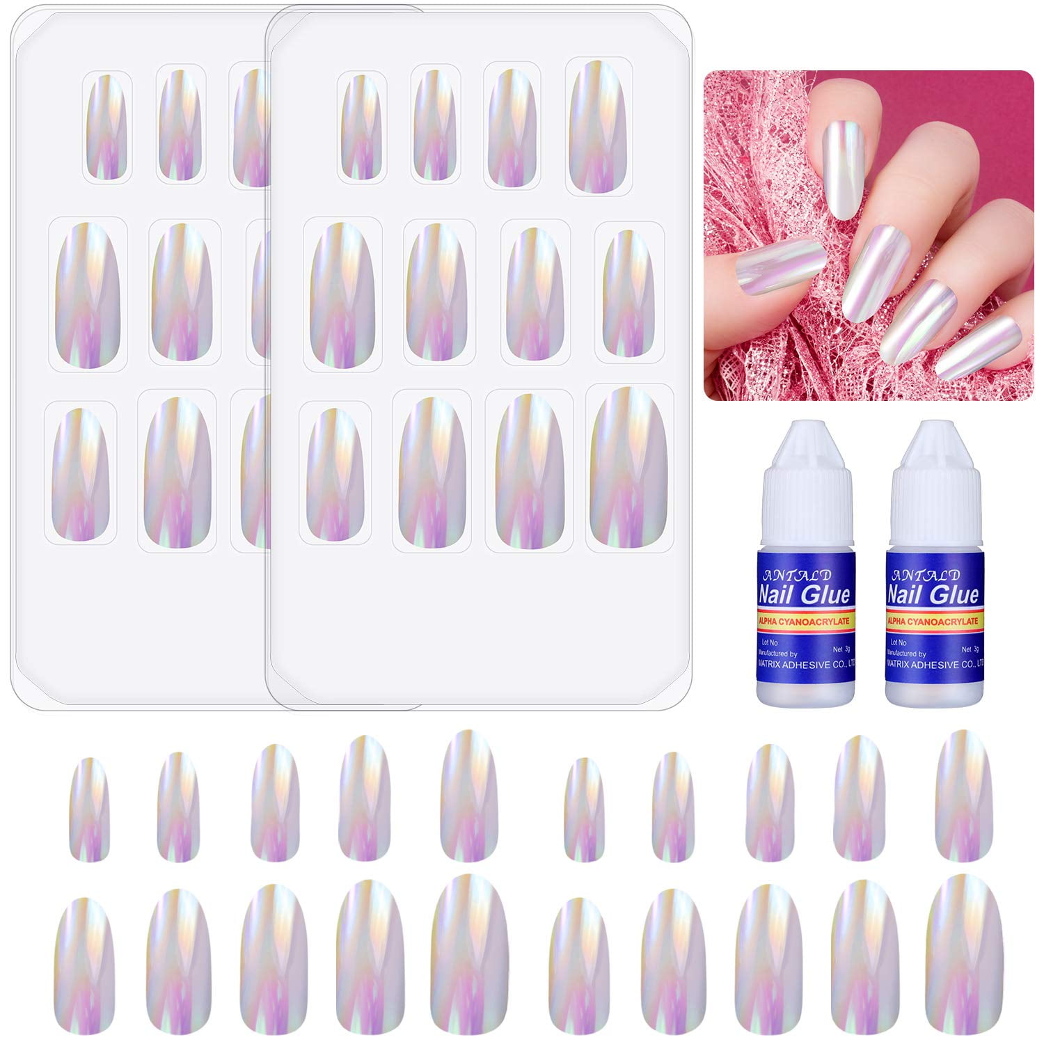48 Pieces Stiletto Fake Nails Full Cover False Nails Bright Mirror Effect  Fake Nail Tips with 2 Pieces Nail Glue for Women Nail DIY Decorations |  Walmart Canada