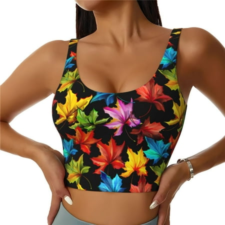 Adobk Rainbow Colorful Maple Leaves Print Sports Bras for Women Longline Workout Crop Tank Tops Padded with Built in Shelf Padded Sports Bra-X-Large