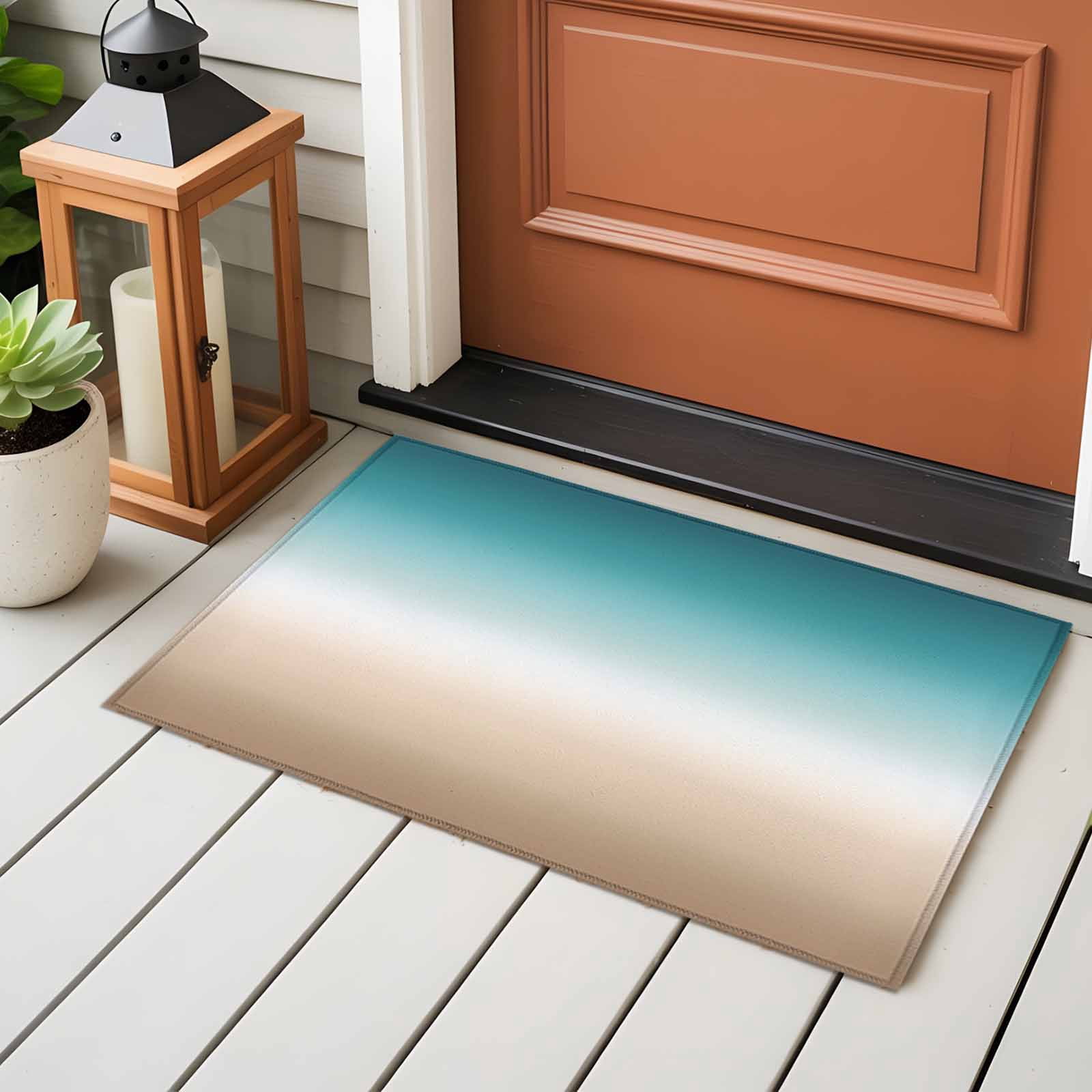 Entrance Runner Rug 2'x3',Teal Beige Ombre Cream Non-slip Doormat for Indoor Outdoor Entrance,Modern Turquoise Abstract Art Throw Floor Mat for Front Door/Living Room/Bedroom/Bathroom/Kitchen