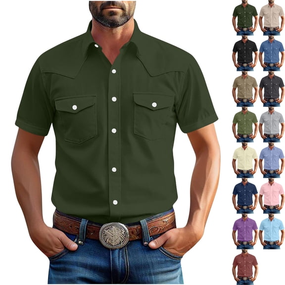 Big & Tall Men's Short Sleeve Western Shirts Textured Casual Button Down Country Concert Tops with Two Pockets Regular Fit Cowboy Rodeo Apparel Father's Day Gift