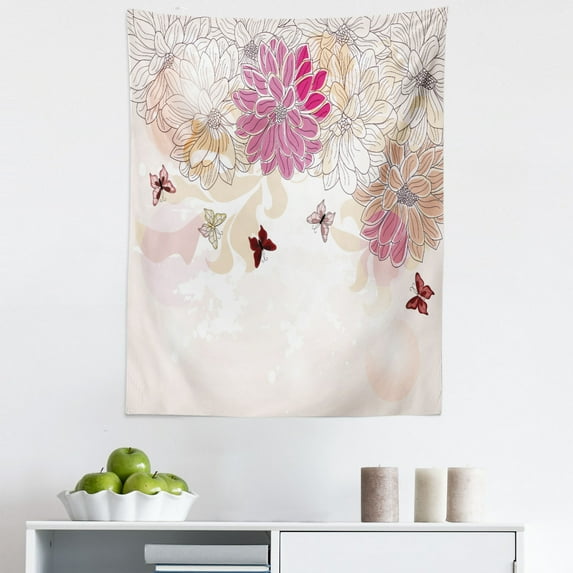 Floral Tapestry, Pink Petals Spring Composition with Flowers and Butterflies Vintage Style Print, Fabric Wall Hanging Decor for Bedroom Living Room Dorm, 5 Sizes, Cream Pink, by Ambesonne