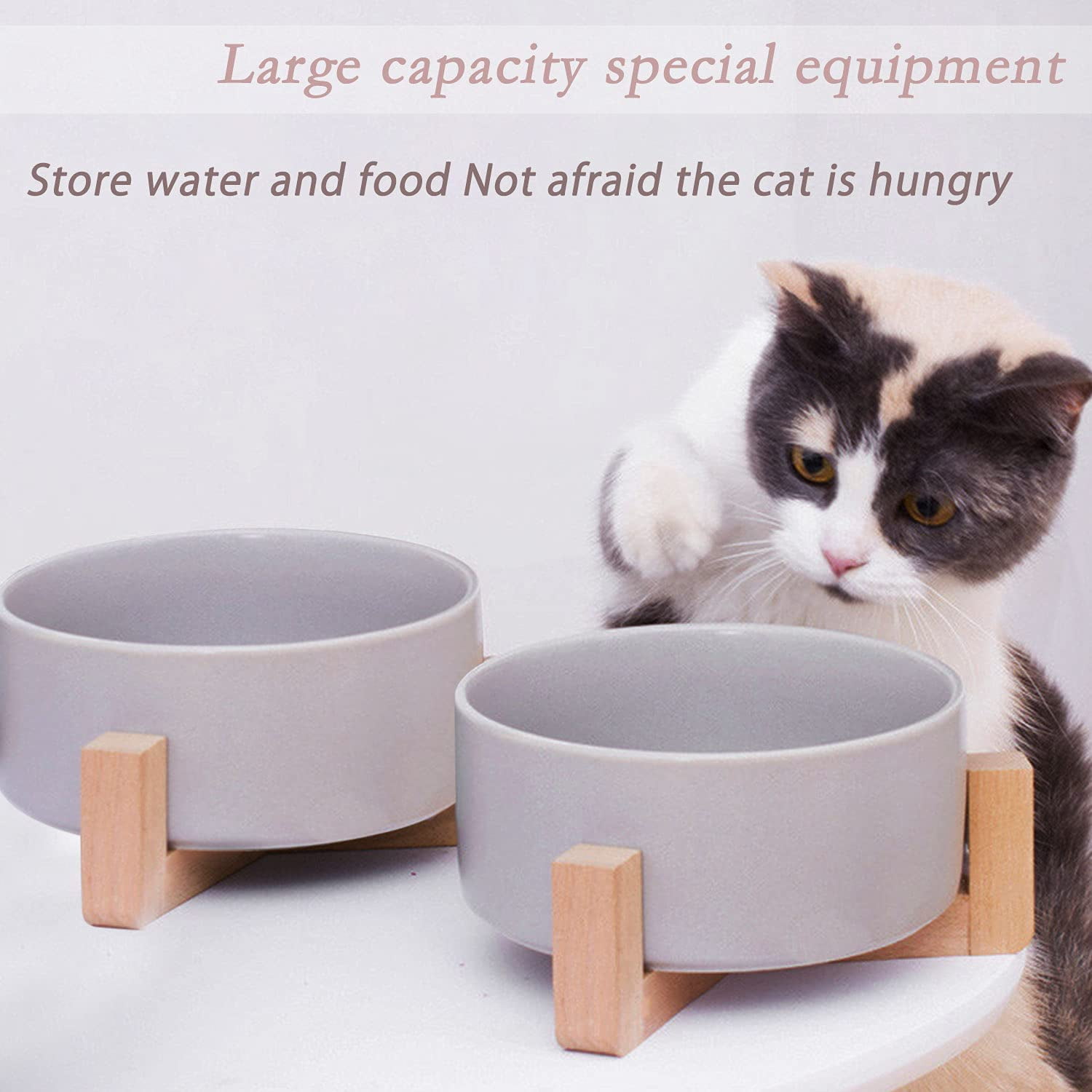 Pet Bowls,Ceramic Cat Dog Bowl Set with Wood Stand for Food and Water,Non-Slip Cute Pet Bowls