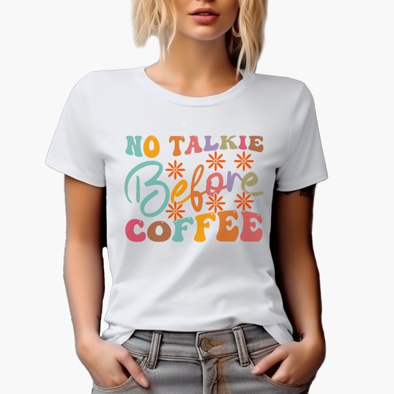 No Talkie Before Coffee, Office Humor Quote, Groovy Retro Wavy Text Merch Gift, White T-Shirt, Small