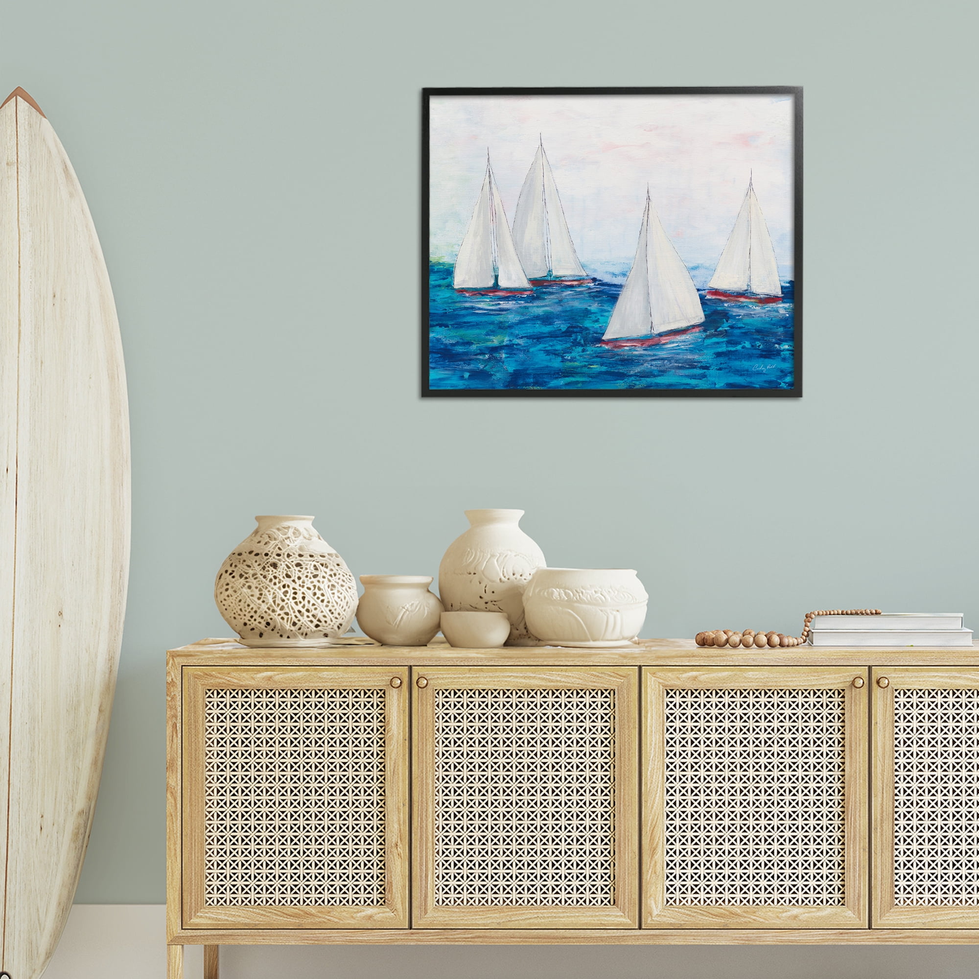 Stupell Industries Sailboat Fleet on Ocean Coastal Painting Black Framed Art Print Wall Art, 30 x 24