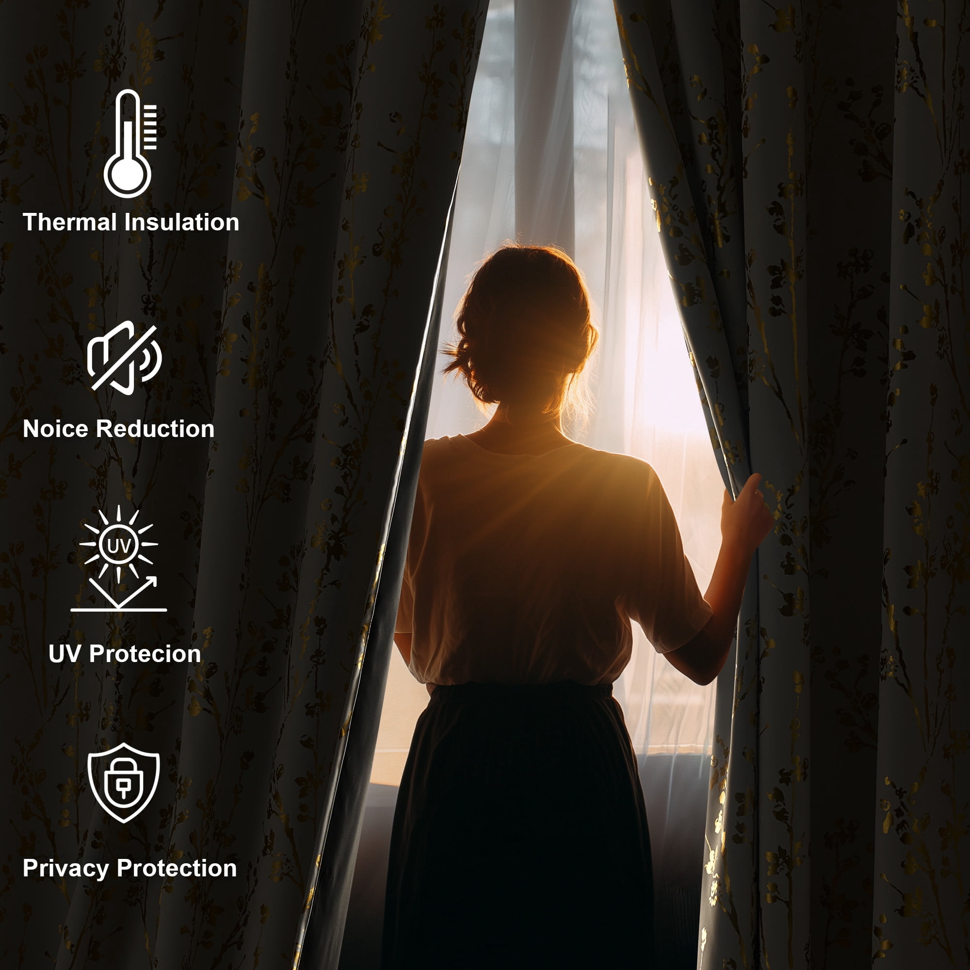 NICETOWN 100% Blackout Curtains 84 Inch Length Gold White Foil Branch Grommet Full Room Darkening Curtains, Thermal Panels Curtains for Bedroom & Living Room, 2 Panels