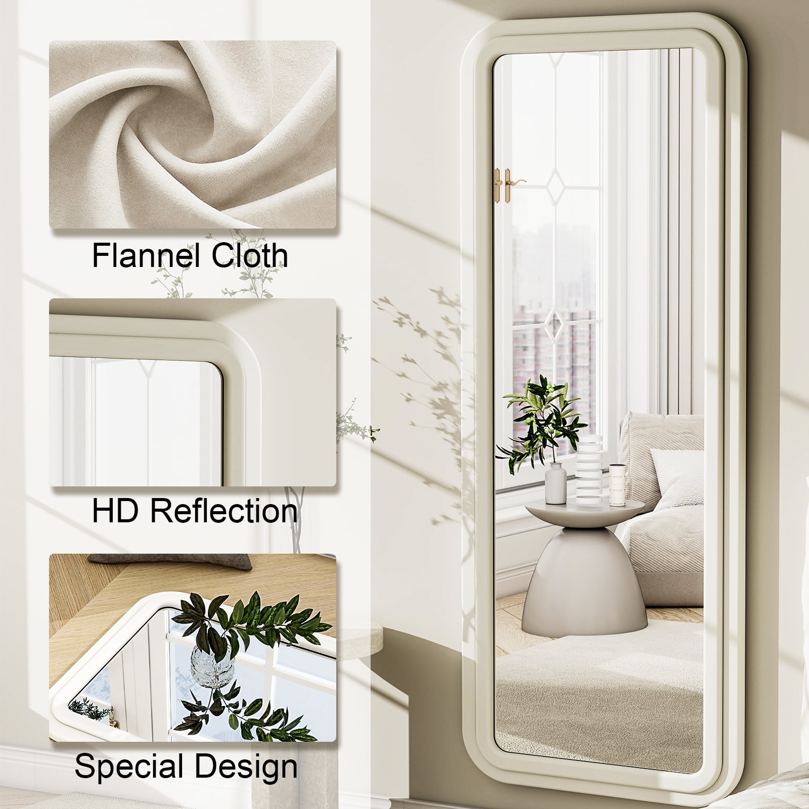 Easy4Home 63"x24" Rectangular Full Length Mirror with Flannel Frame Decorative Round Edge Floor Mirror, White