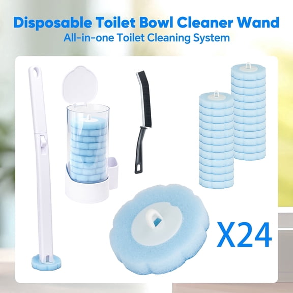 ZQZiQi 3-in-1 Disposable Toilet Brush & Holder Set, 24 ToiletWand Refills with Cleaning Wand, No Dead Corner, Wall Mounted & Freestanding, Space Saving Bathroom Cleaning Tool