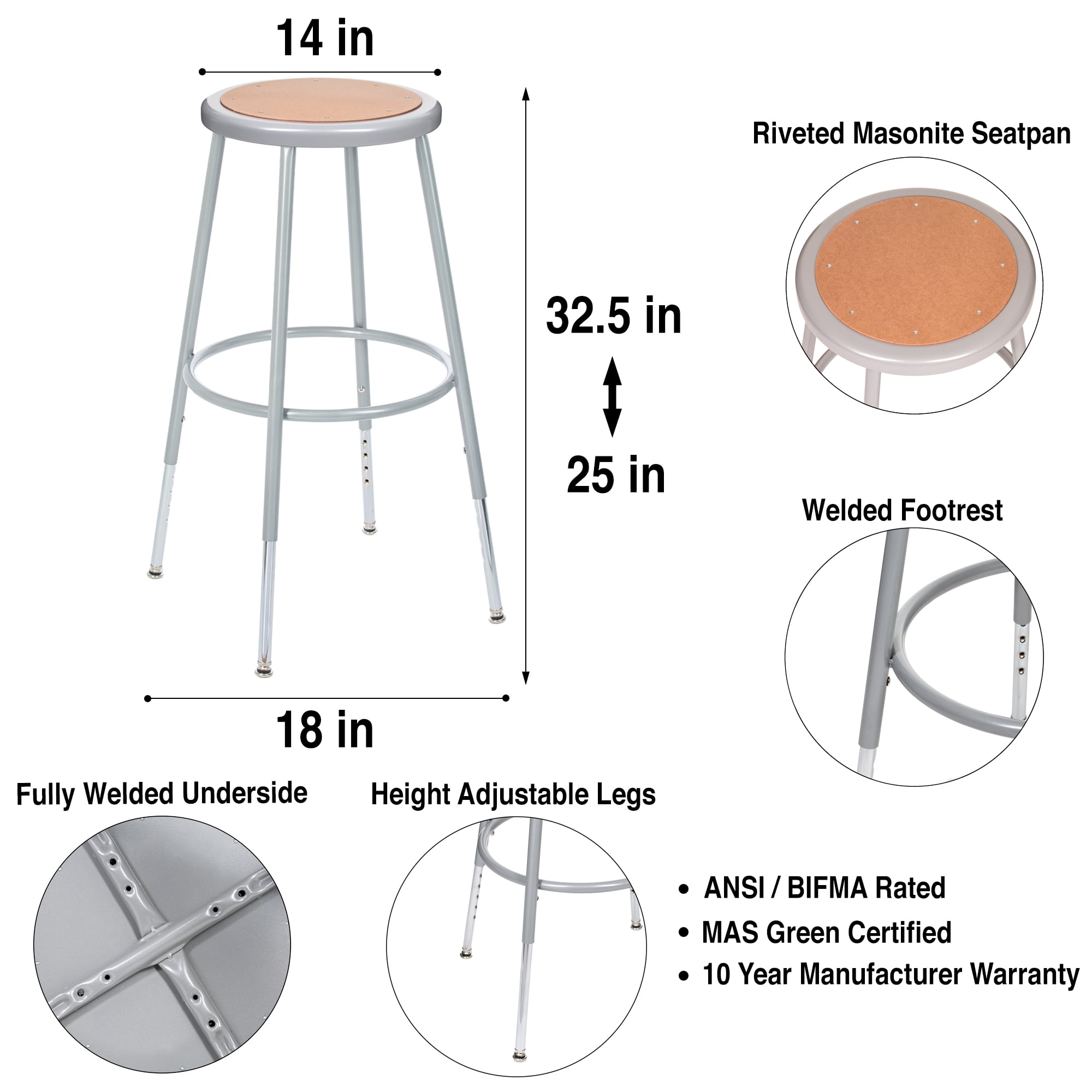 Hampden Furnishings Flynn Collection 25"-33" Height Adjustable Steel Stool, Grey, 2 Pack