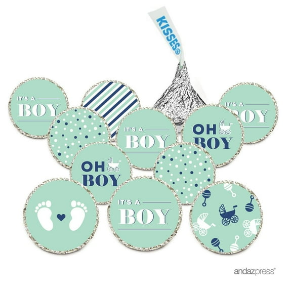 Chocolate Drop Labels, Fits Hershey's Kisses, Ultimate Boy Baby Shower Collection, Mint Green, 216-Pack