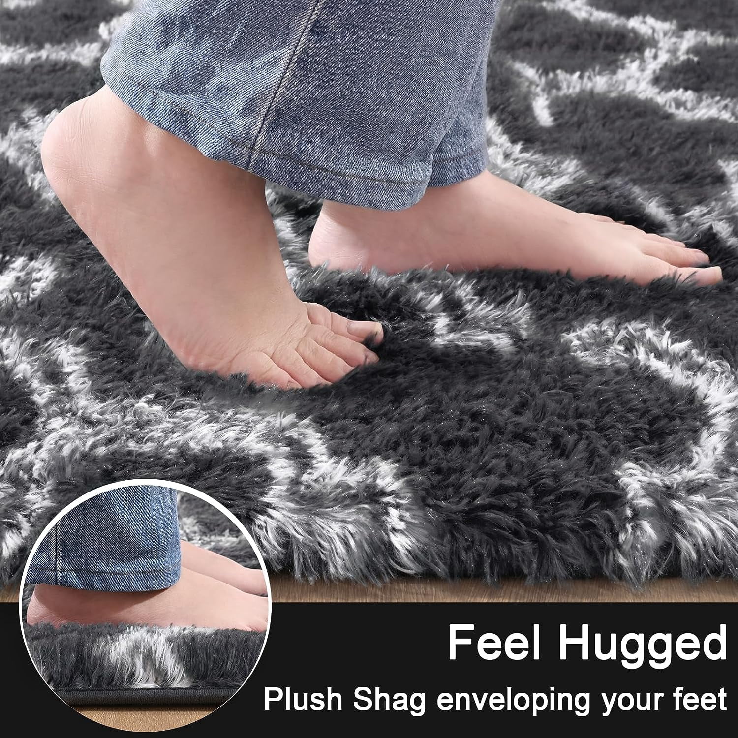 Lochas Shag Geometric Area Rug Plush Fluffy Rugs Soft Moroccan Carpets for Bedroom Living Room Home Decor Mat,6'x9',Dark Gray/White