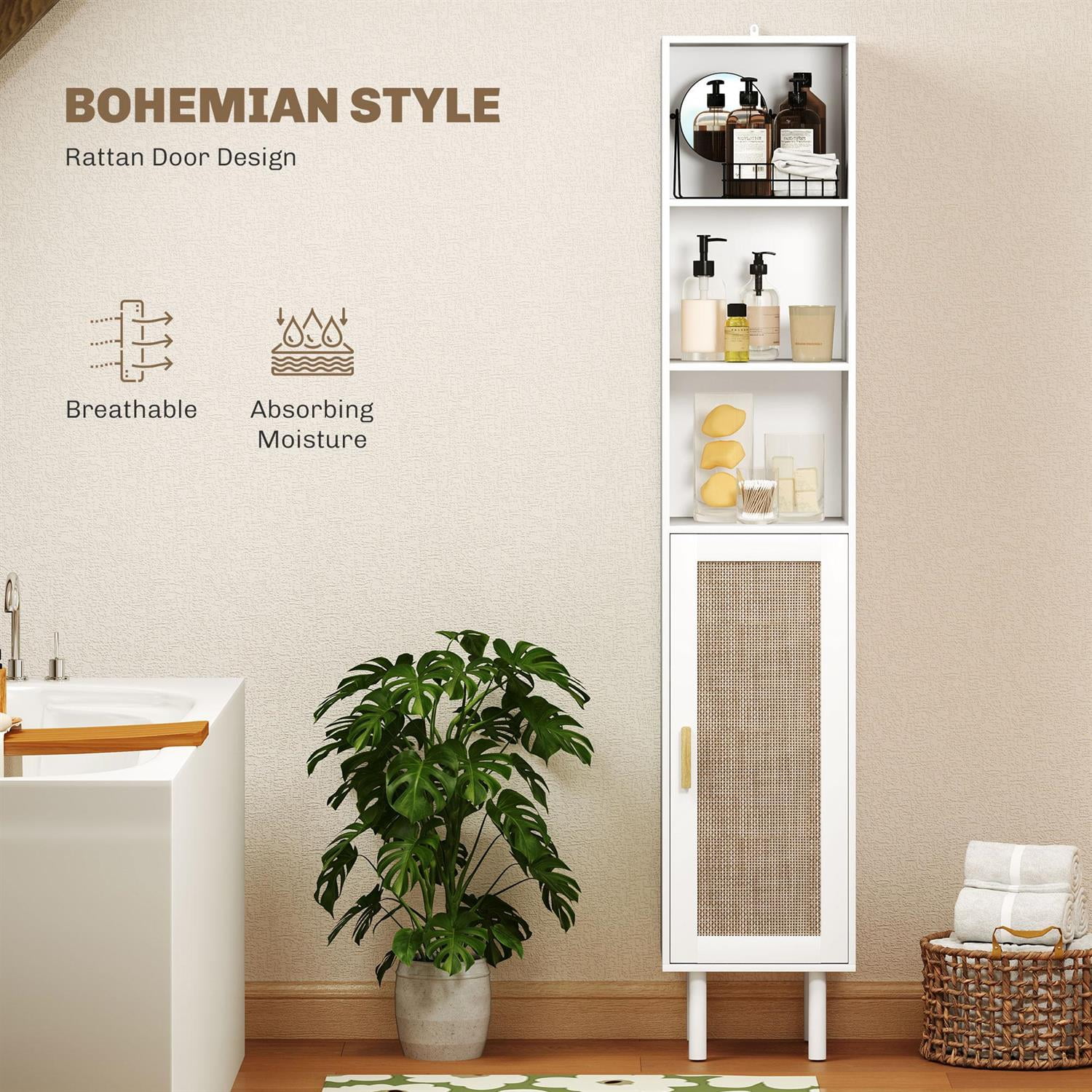 Demi Bonn 66" Tall Bathroom Storage Cabinet with Rattan Design , Adjustable Shelves, Freestanding Bathroom Furniture for Modern Spaces, White