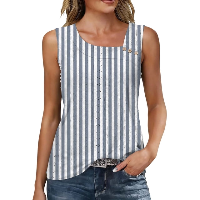 Haut Sans Manches à Col en V pour Femmes, Chemise Décontractée en Polyester avec Détail de Boutons et Imprimé Intégral, pour Tenue Décontractée et Fêtes