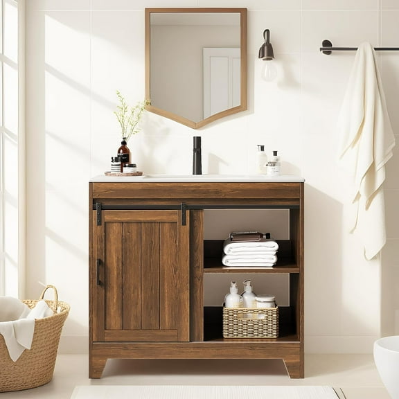 36" Farmhouse Bathroom Vanity with Ceramic Sink, Modern Freestanding Bathroom Cabinet with Sliding Barn Door, Metal Handle and Open Shelf, Semi-Open Design, Ample Storage, Walnut