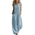 thumbnail image 2 of Linen Jumpsuits for Women Summer Casual Sleeveless V Neck Button Down Wide Leg Boho Jumpsuits, 2XL, 2 of 5
