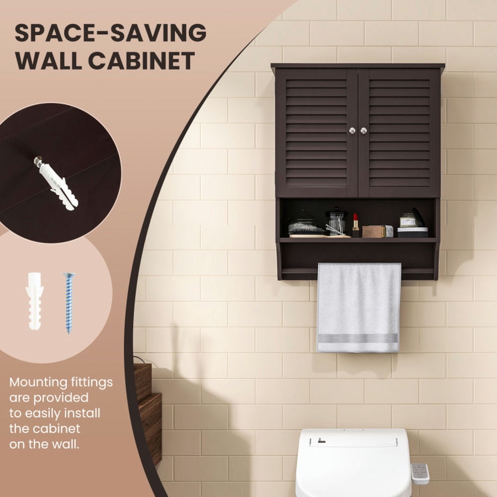 Finihen Bathroom Wall Cabinet, Wall Mounted Bathroom Cabinet, Medicine Cabinet, 2-Doors Bathroom Wall-Mounted Medicine Cabinet with Towel Bar, for Bathroom, Brown Finihen Bathroom Wall Cabinet, Wall Mounted Bathroom Cabinet, Medicine Cabinet, 2-Doors Bathroom Wall-Mounted Medicine Cabinet with Towel Bar, for Bathroom, Brown