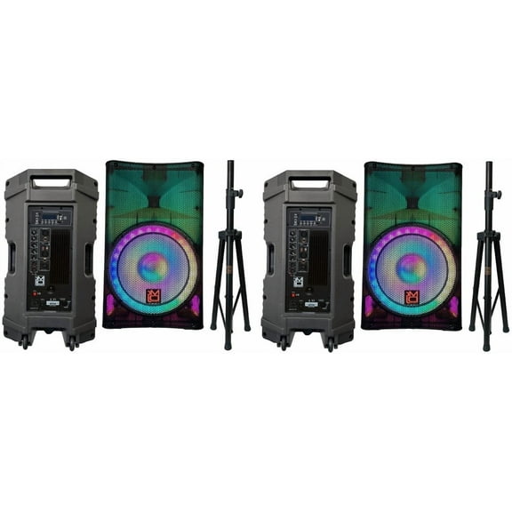 2 MR DJ PLED5200 PRO PA DJ 15" Portable Active Bluetooth/MP3/FM Radio Speaker   Speaker Stand