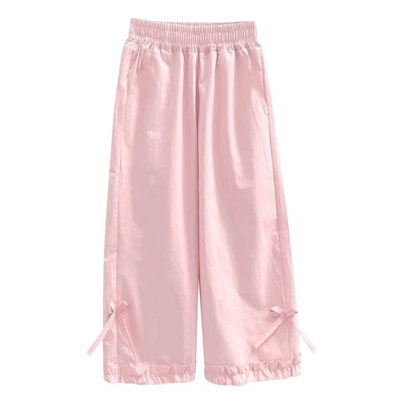 YunPes Girls Wide Leg Pants Cute Ruffled Hem Casual Trousers with Bowknot Patch Elastic Waist Baggy Open Bottom Pants 5-16Y