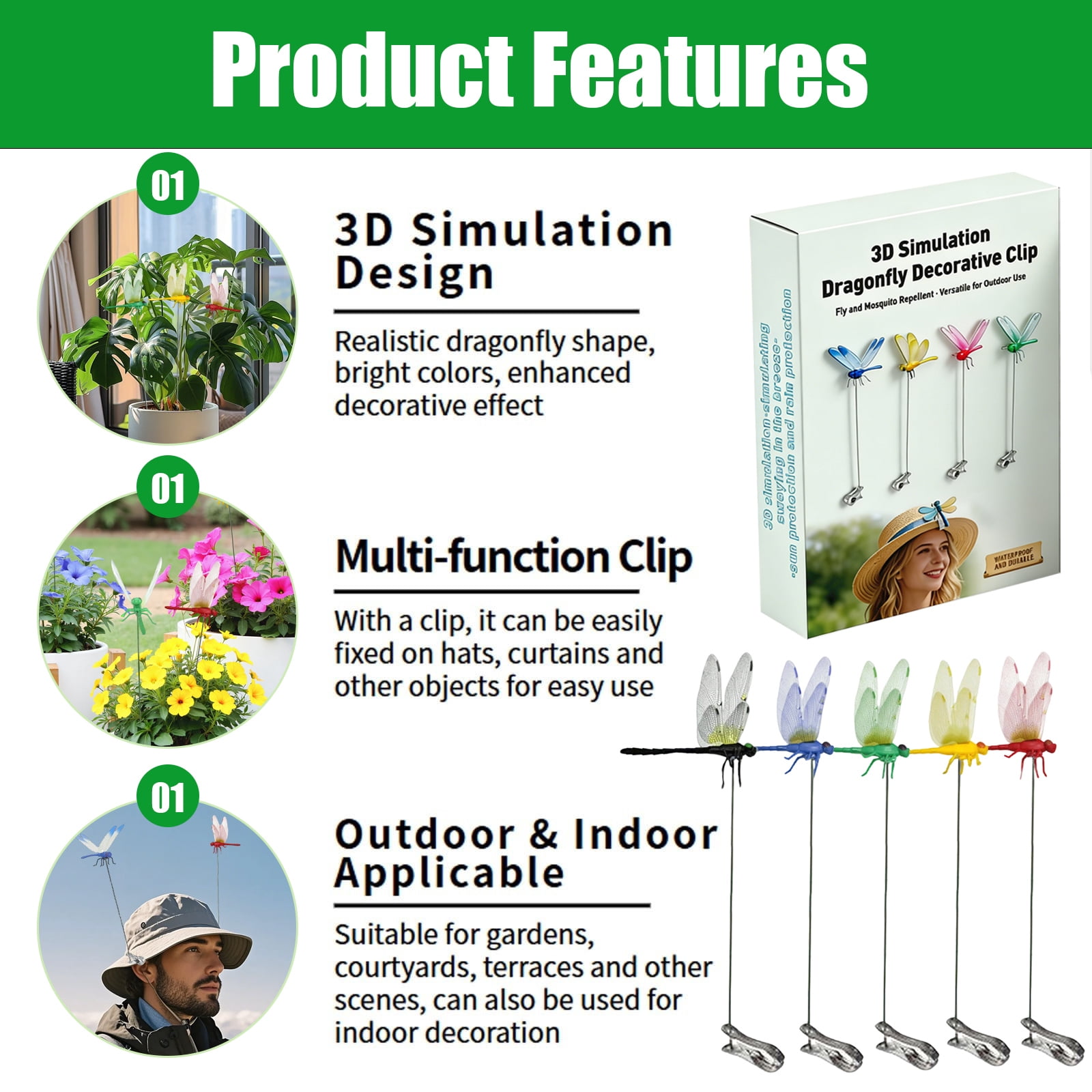 DragonFly Clips for Bugs Repellent, 3D Fake Dragonfly Clips to Keep Bugs Away, Clip on Dragonfly for Bugs, Waterproof Dragon Fly Clip Outdoor Hanging Ornament & Garden Decor