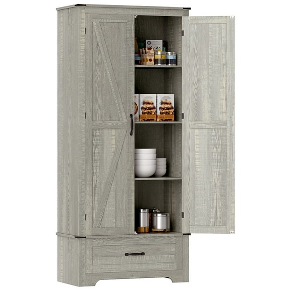 HOMCOM Farmhouse Pantry Cabinet, Kitchen Cabinet, Distressed Light Grey