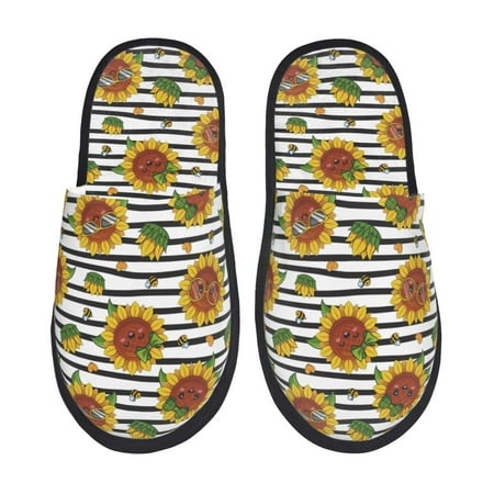 Balery Cute Sunflowers Slient Indoor Furry Fleece Comfort House Shoes Soft Non-Slip Home Shoes Cotton slippers House Slippers-- Large